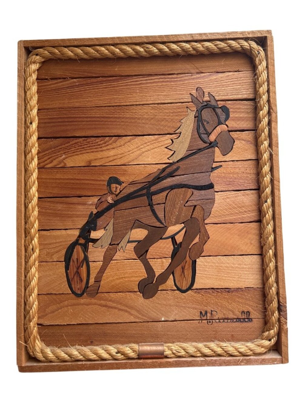 Horse Racing Wooden Inlay Wall Art Rope Frame Signed M.Russell Rustic Decor